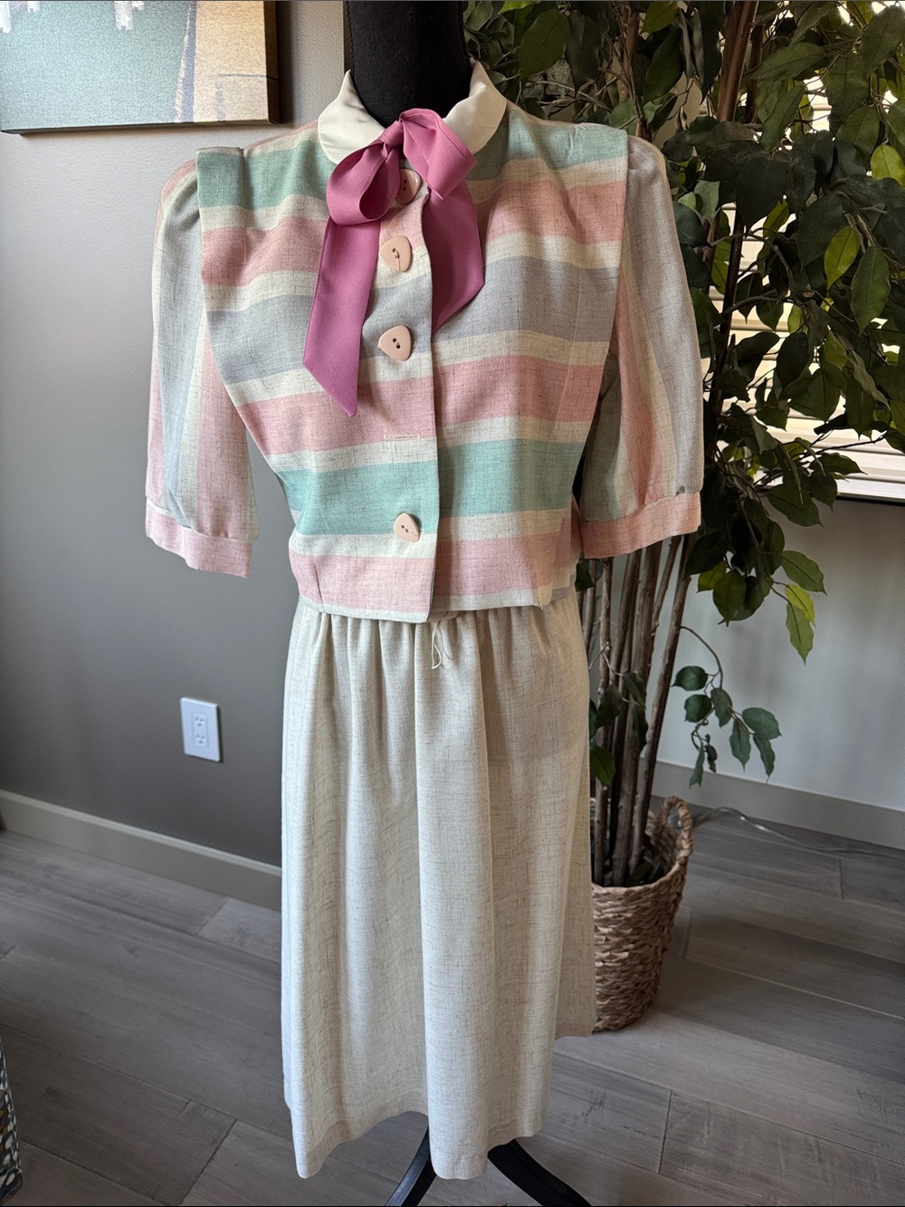 Pastel Stripe Bow-Accent Women’s Dress - Pink and Mint